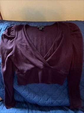 Revamped Women's Plum Ribbed Wrap V-Neck Long Sleeve Top
